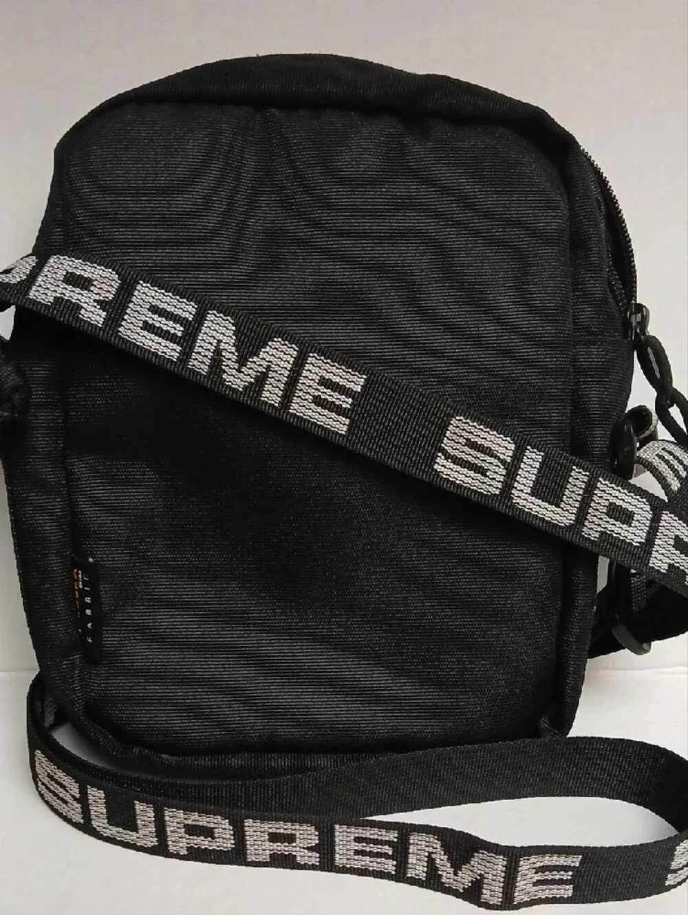 Supreme Black Crossbody Bag with White Logo Strap